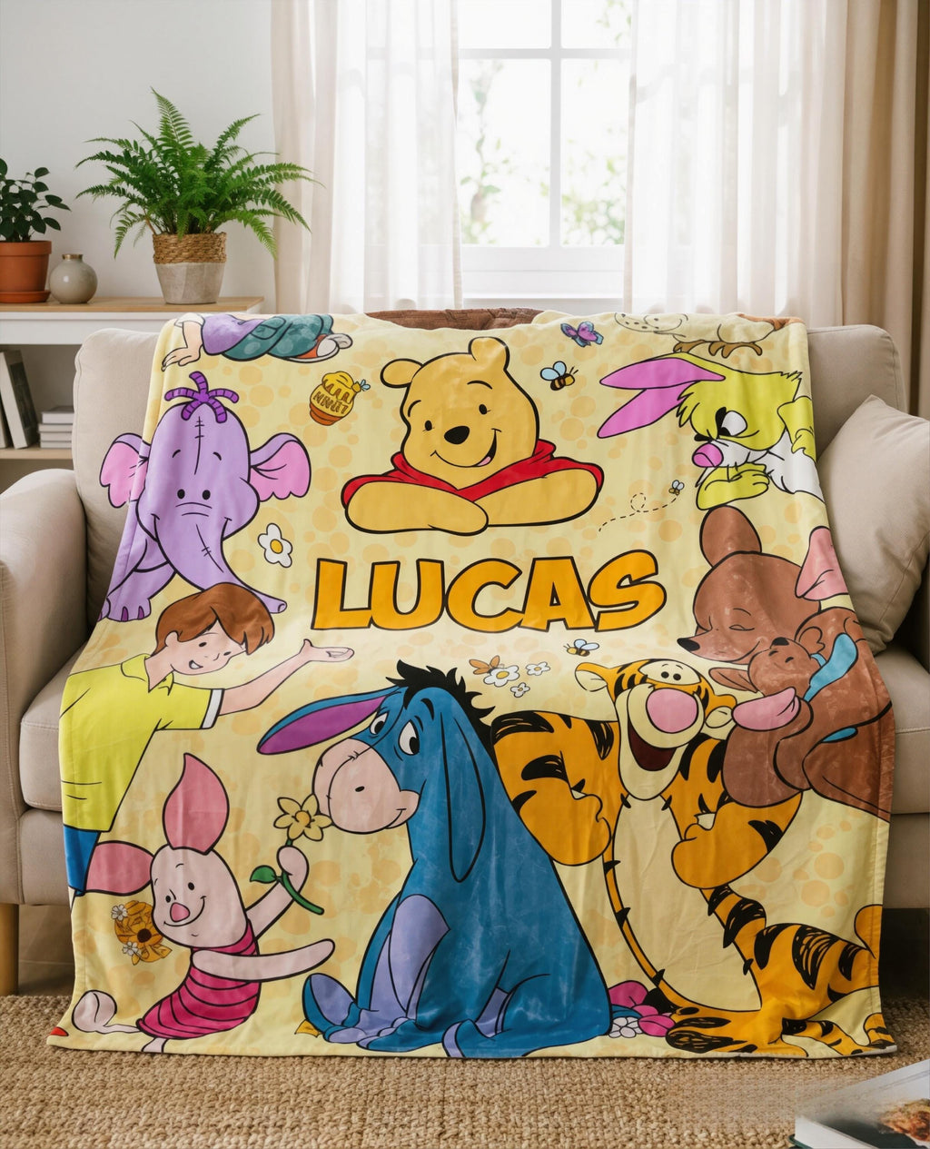 Custom Name Winnie the Pooh Blanket, Hundred Acre Wood Characters, Cozy Flannel Fleece Throw