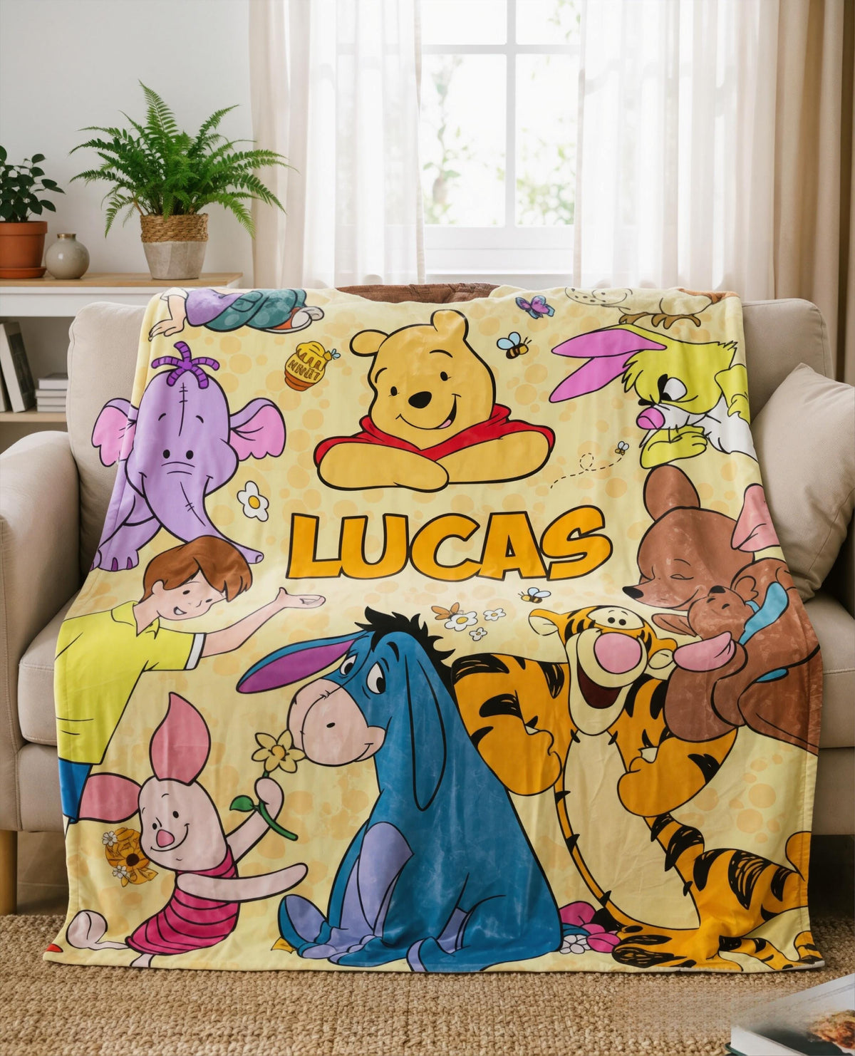 Custom Name Winnie the Pooh Blanket, Hundred Acre Wood Characters, Cozy Flannel Fleece Throw