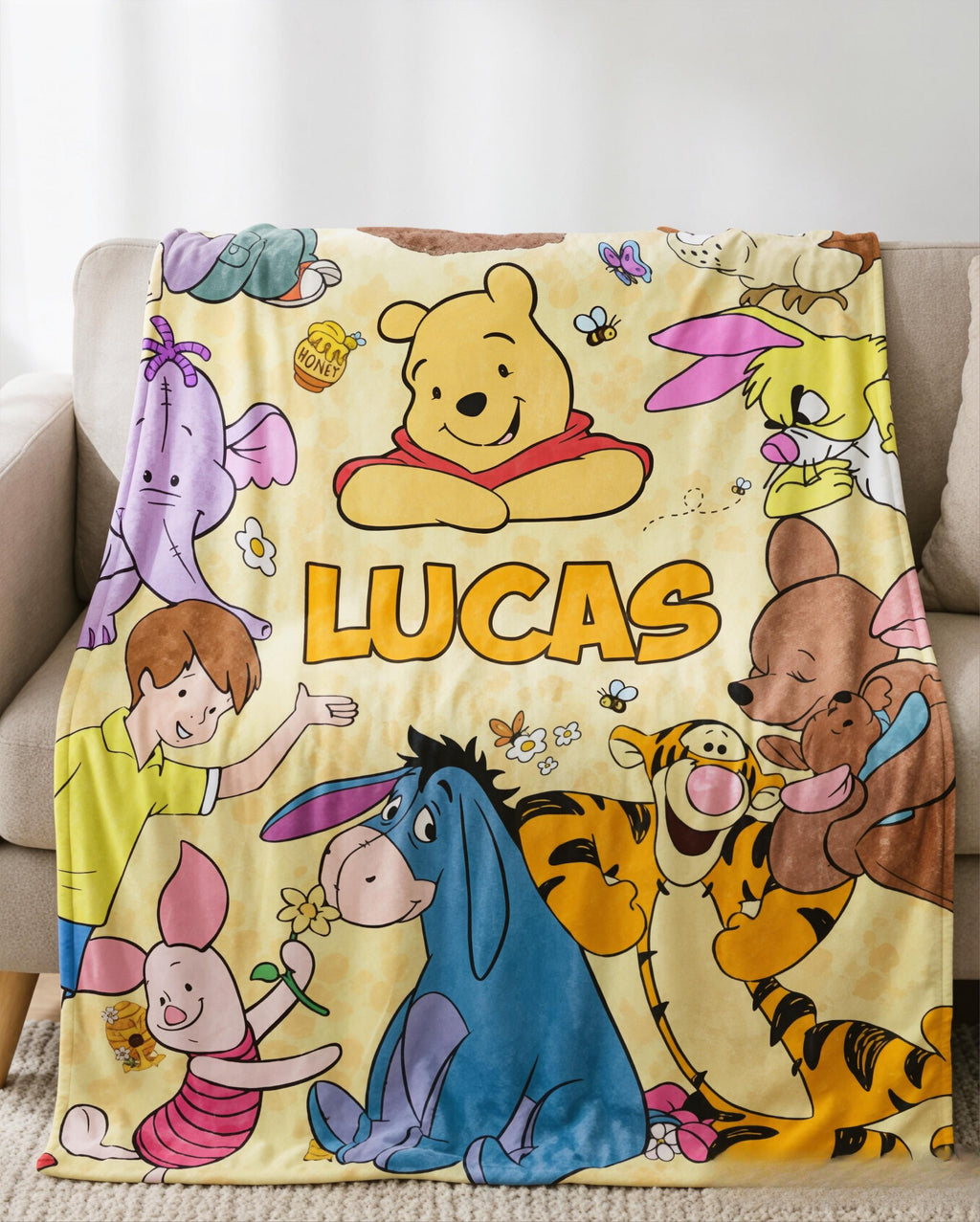 Custom Name Winnie the Pooh Blanket, Hundred Acre Wood Characters, Cozy Flannel Fleece Throw