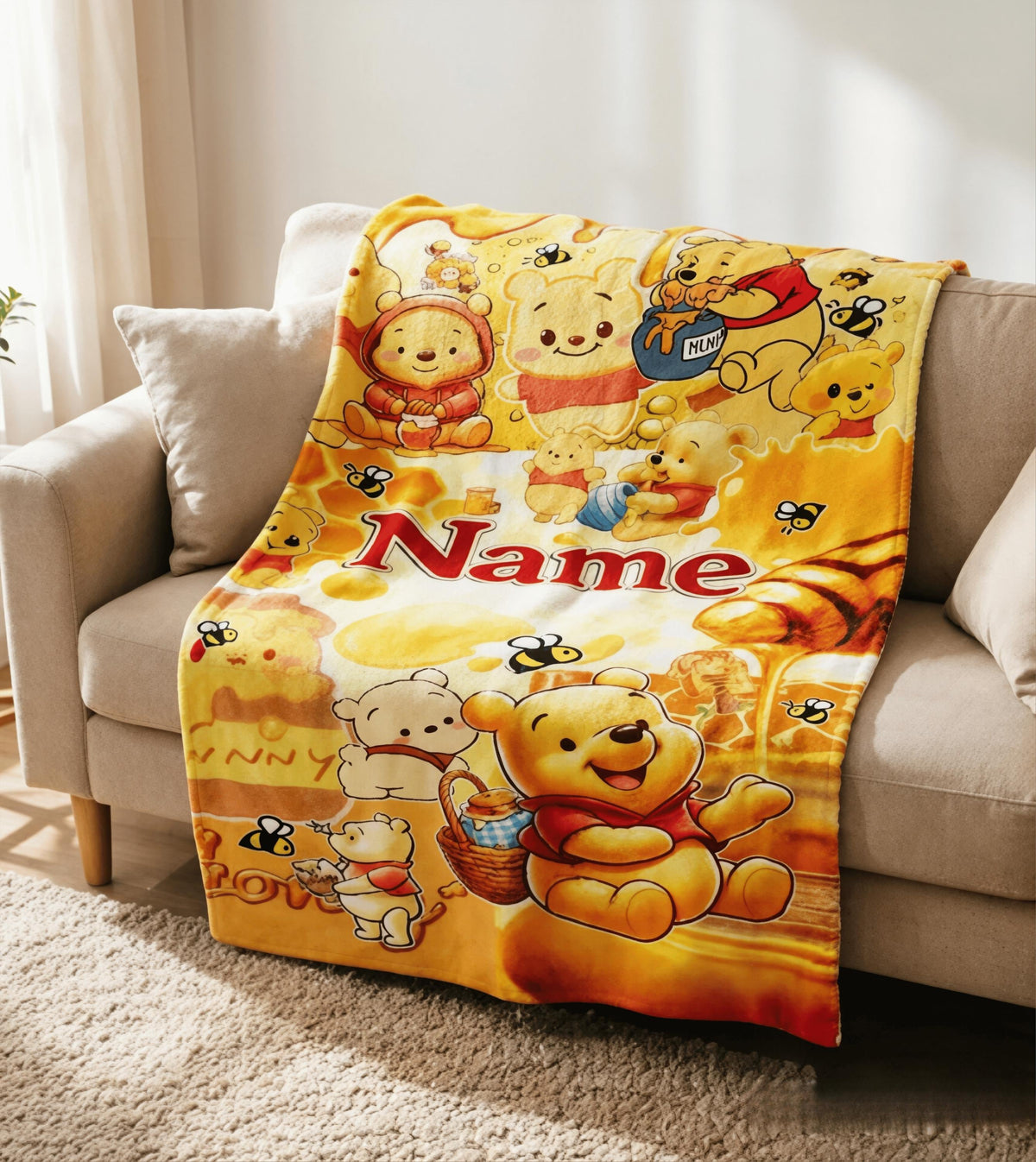 Custom Name Winnie the Pooh Blanket, Hundred Acre Wood Characters, Cozy Flannel Fleece Throw