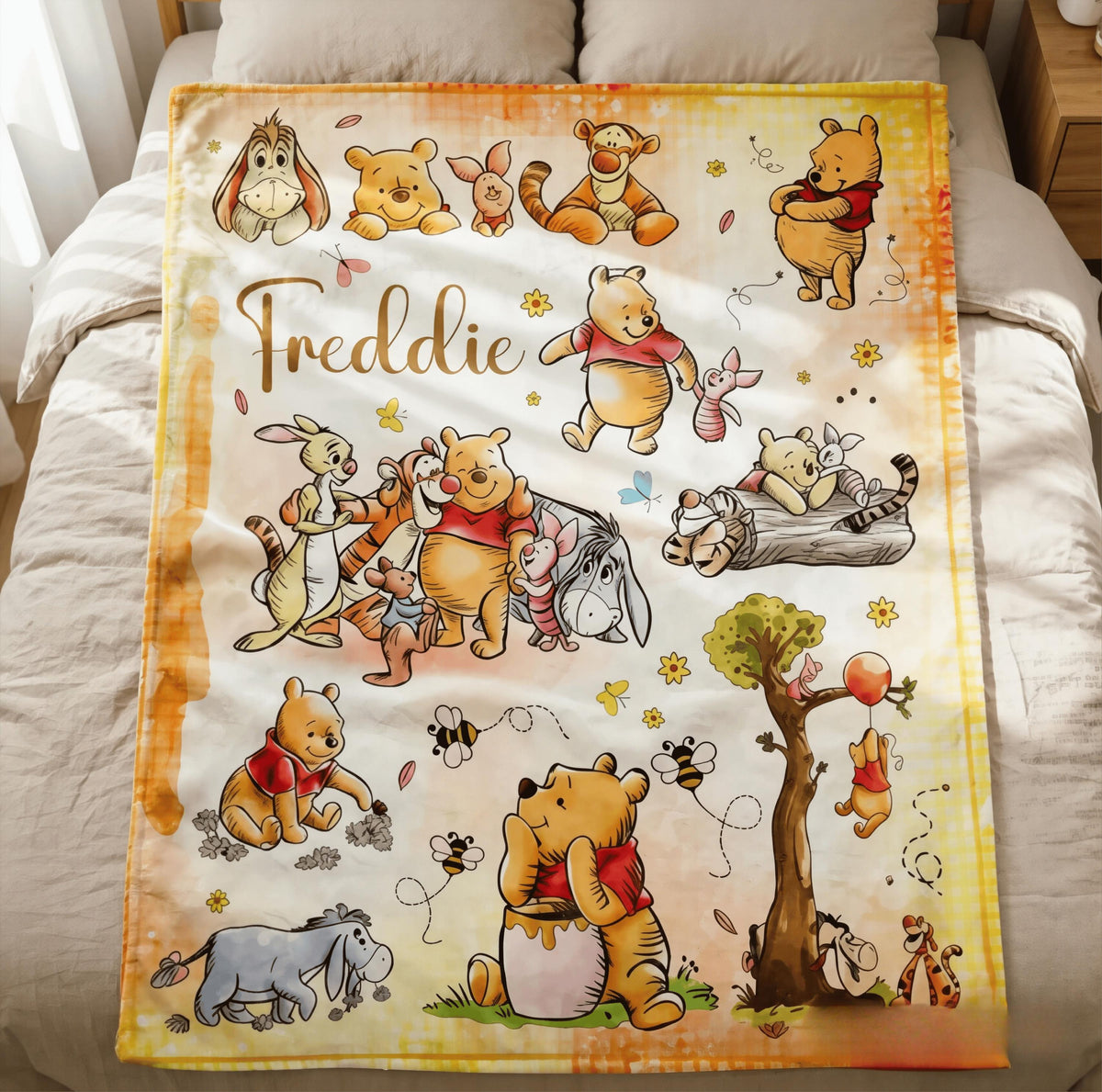 Custom Name Winnie the Pooh Blanket, Hundred Acre Wood Characters, Cozy Flannel Fleece Throw