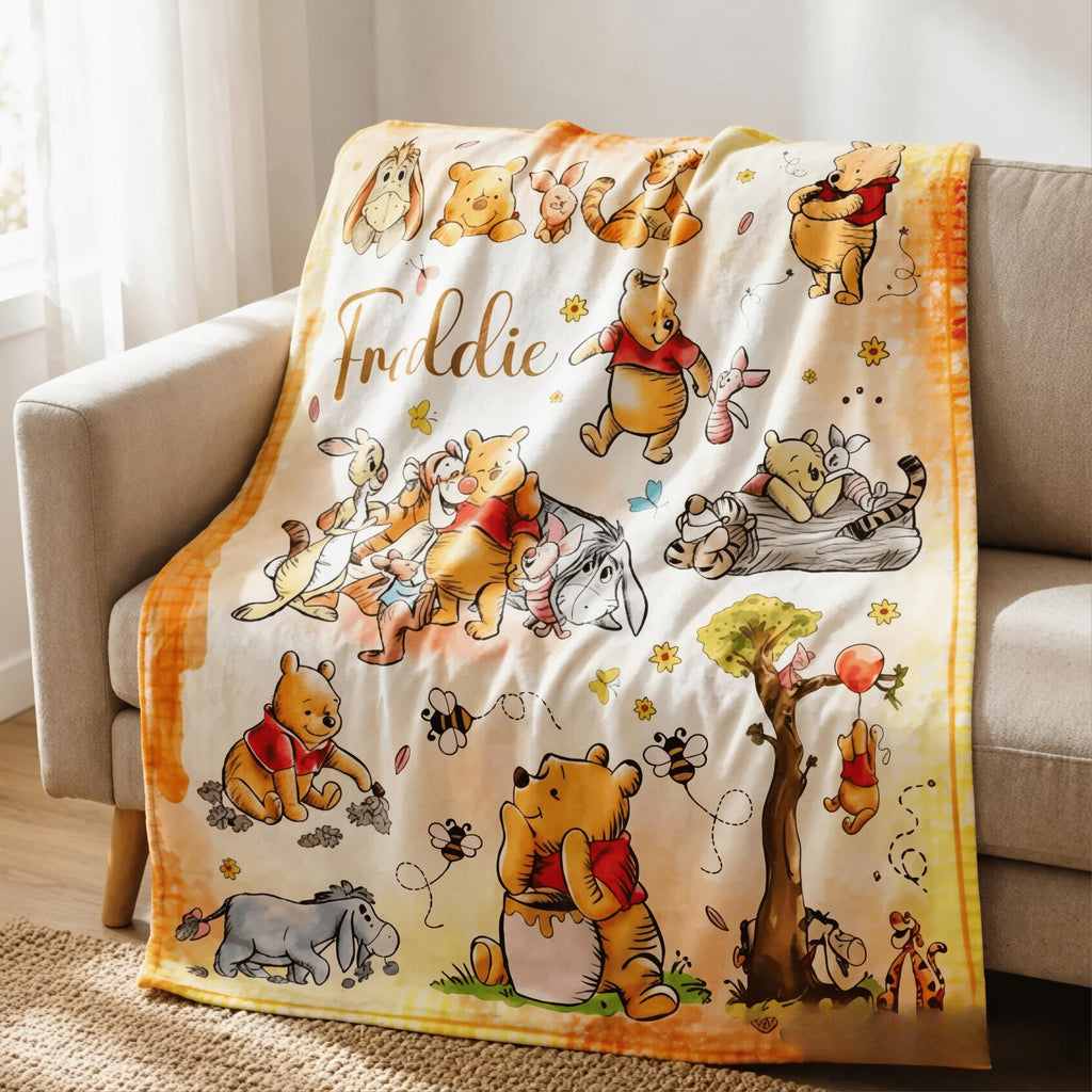 Custom Name Winnie the Pooh Blanket, Hundred Acre Wood Characters, Cozy Flannel Fleece Throw