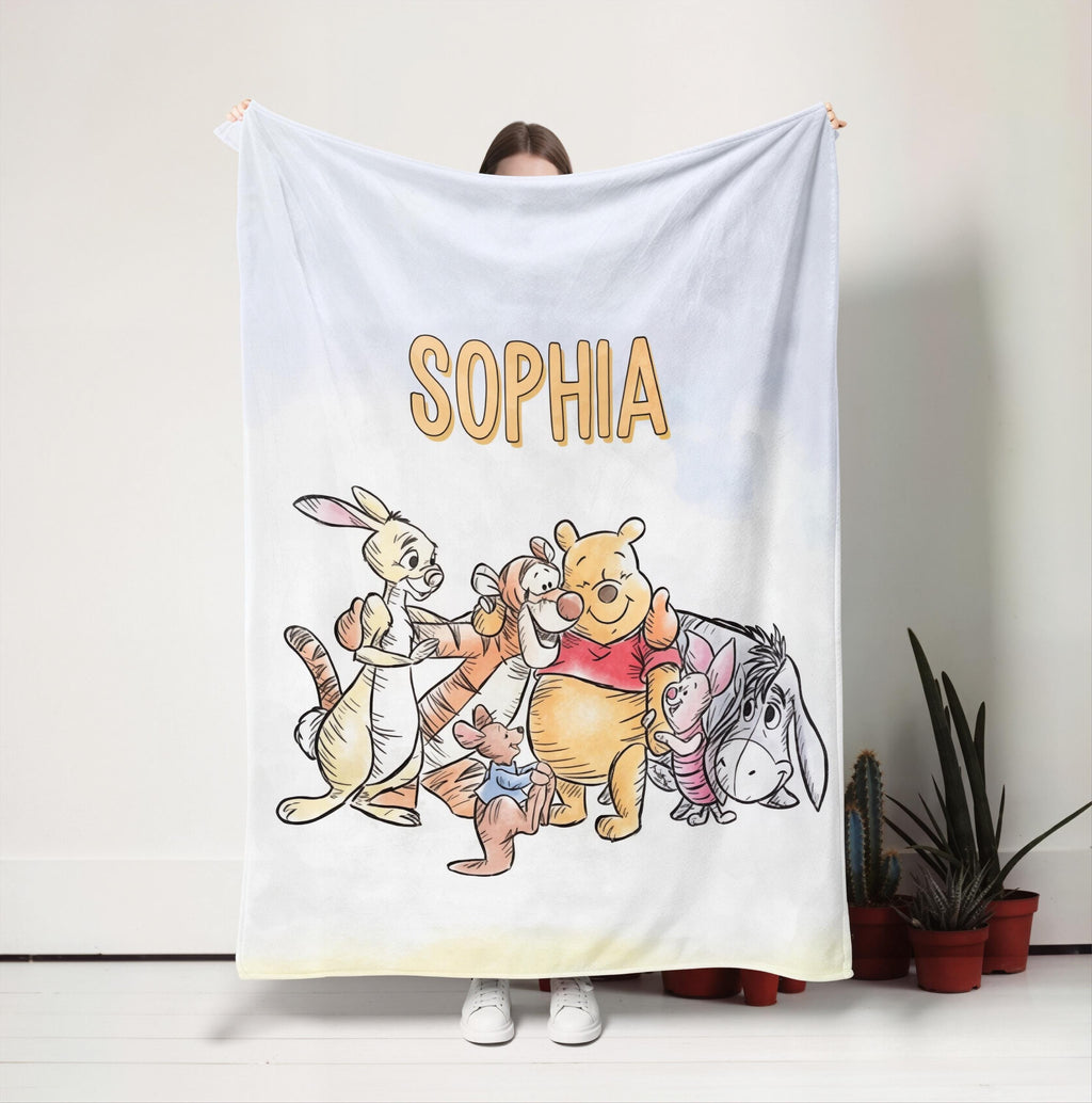 Custom Name Winnie the Pooh Blanket, Hundred Acre Wood Characters, Cozy Flannel Fleece Throw