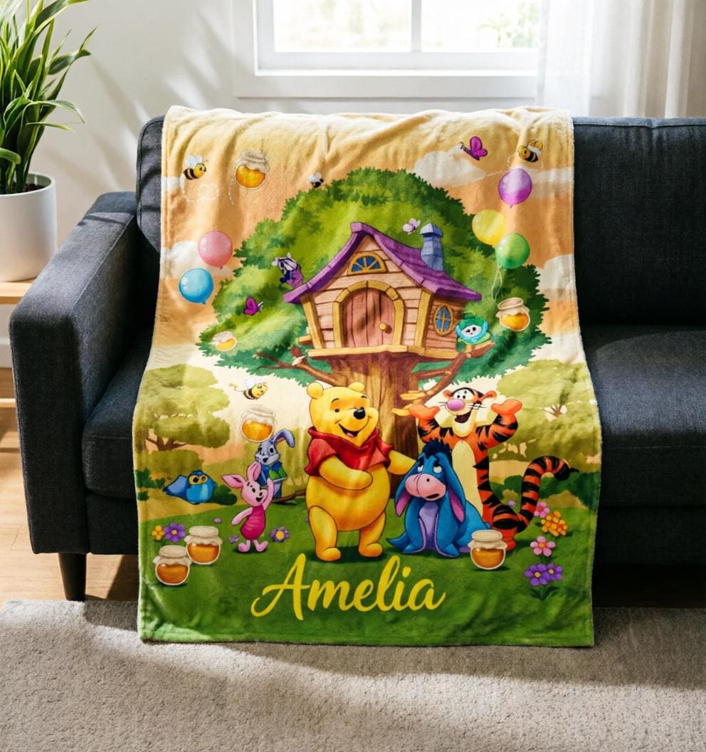 Personalized Pooh Blanket Soft Throw, Tree House Forest Friends Plush Cover, Warm Cozy Item for Kids Bedroom & Daily Snuggle