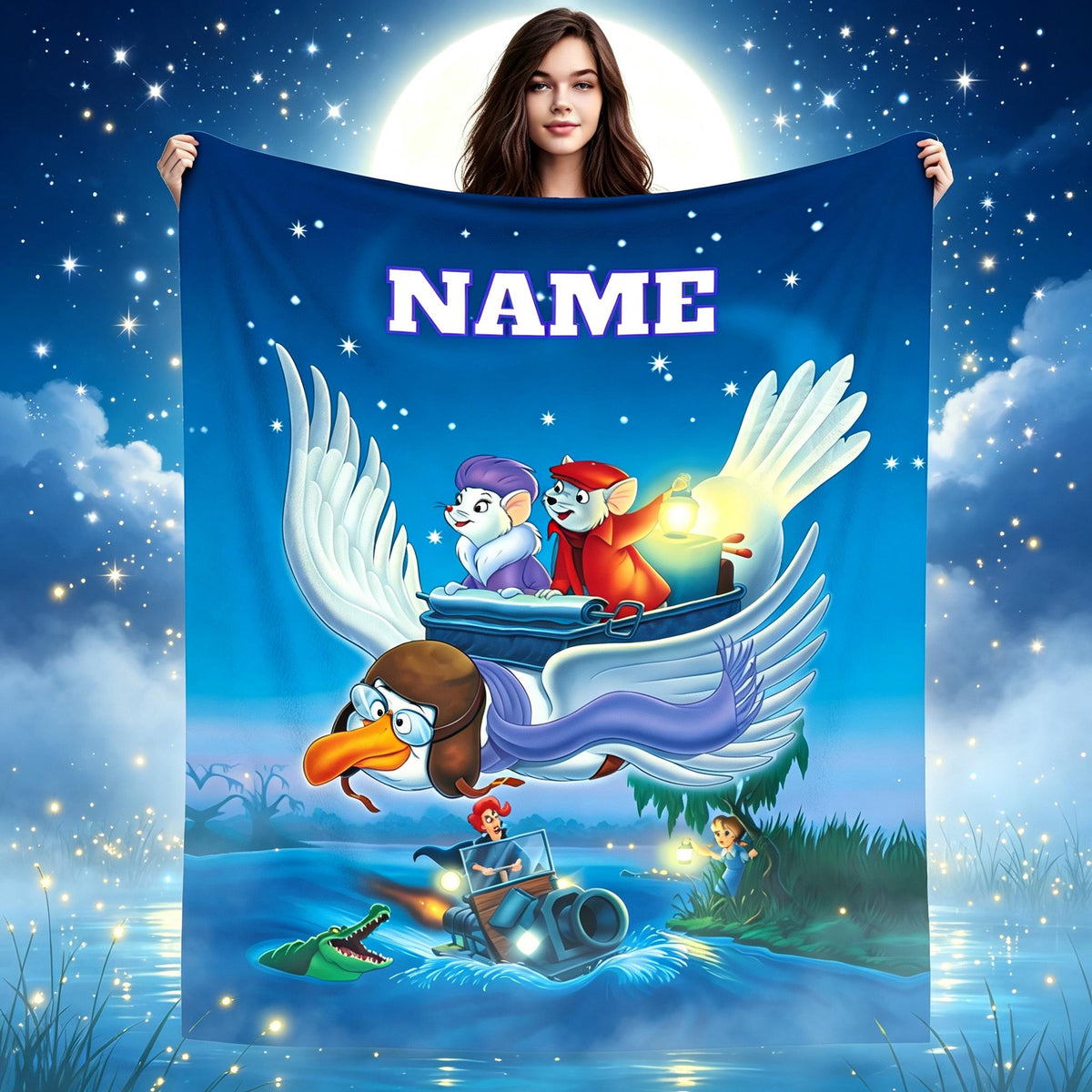 Personalized Mouse Adventure Blanket, Custom Name Flannel Throw, Flying Rescue Story Blanket, Cozy Kids Bedroom Gift