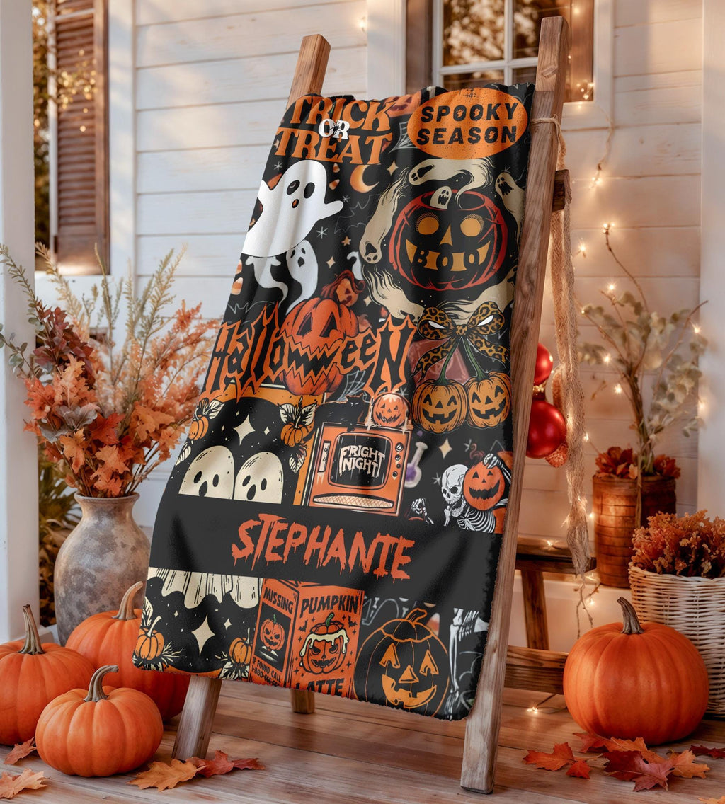 Personalized Halloween Blanket, Custom Name Spooky Blanket, Trick or Treat Blanket, Halloween Throw for Kids, Cozy Fall Gift