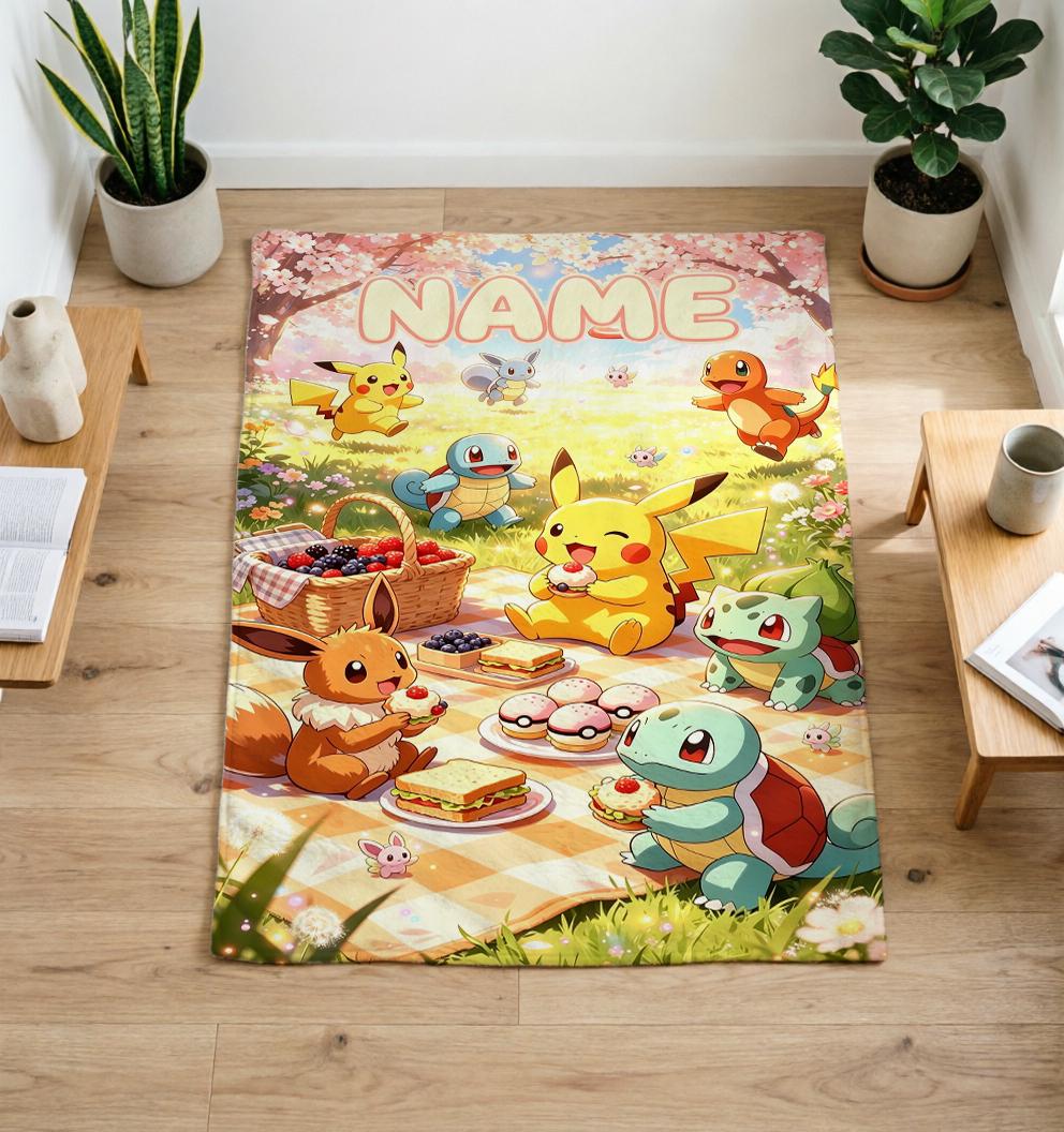 Custom Name Pokemon Soft Throw Blanket, Personalized Cartoon Art, Ideal Birthday Gift for Kids