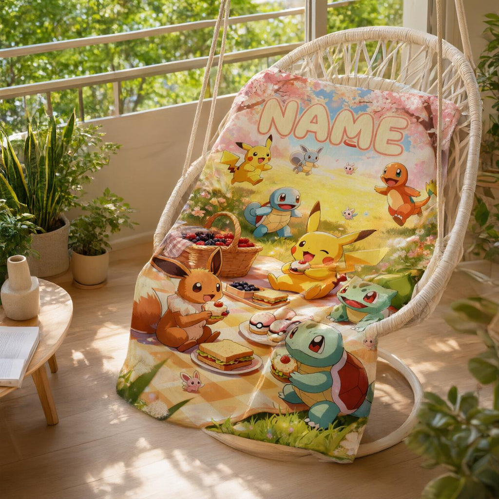 Custom Name Pokemon Soft Throw Blanket, Personalized Cartoon Art, Ideal Birthday Gift for Kids