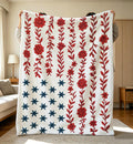Floral American Flag Throw Blanket,Red Wildflower USA Blanket,Cozy Soft Flannel Blanket,Patriotic Decor,Americana Stars Blanket,Warm Blanket