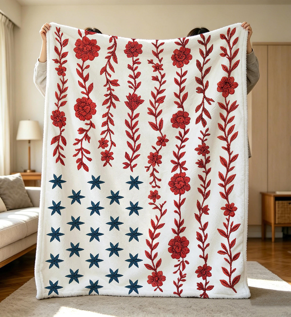 Floral American Flag Throw Blanket,Red Wildflower USA Blanket,Cozy Soft Flannel Blanket,Patriotic Decor,Americana Stars Blanket,Warm Blanket