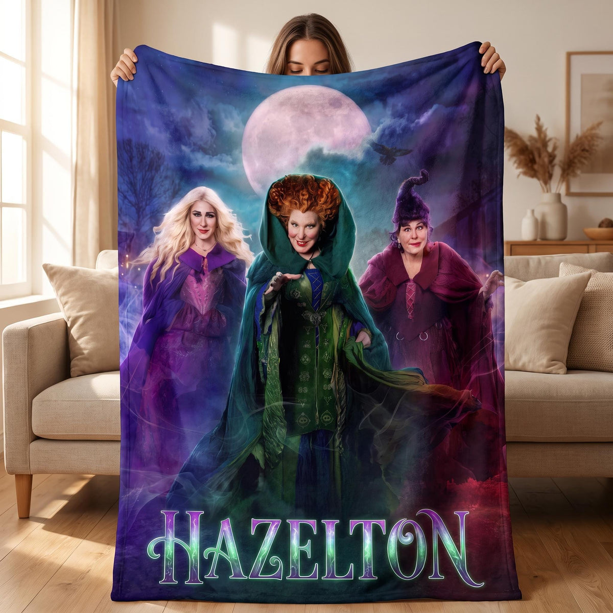 Personalized Witches Halloween Blanket, Custom Spooky Season Throw, Witchy Fall Decor, Cozy Magical Moon Room Accent