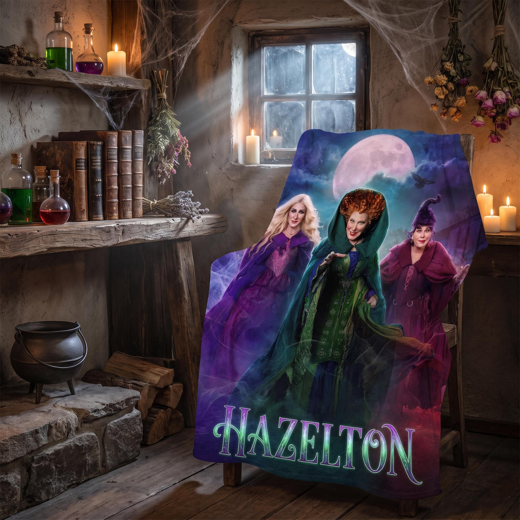 Personalized Witches Halloween Blanket, Custom Spooky Season Throw, Witchy Fall Decor, Cozy Magical Moon Room Accent