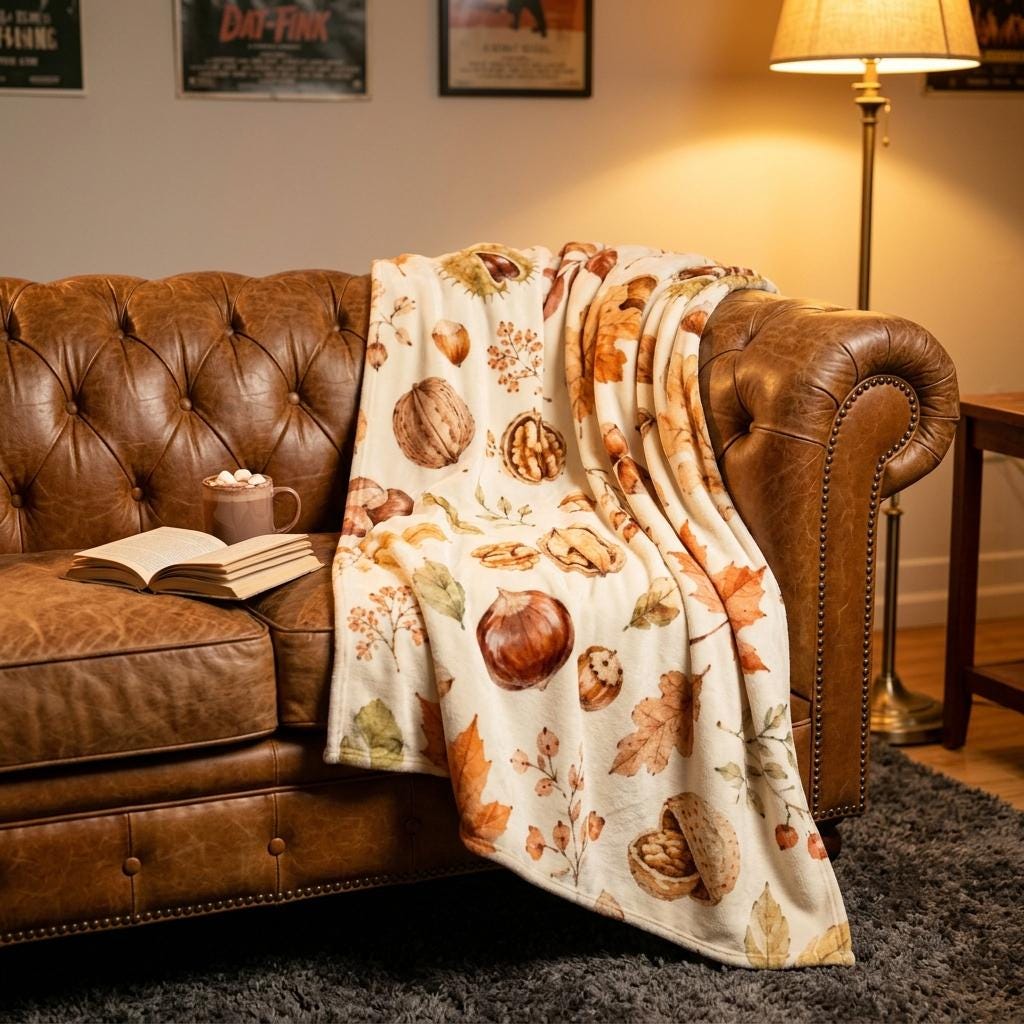 Nature Lover Fall Blanket, Autumn Nut Leaf Throw, Watercolor Harvest Flannel, Cozy Woodland Decor, Gift for Home