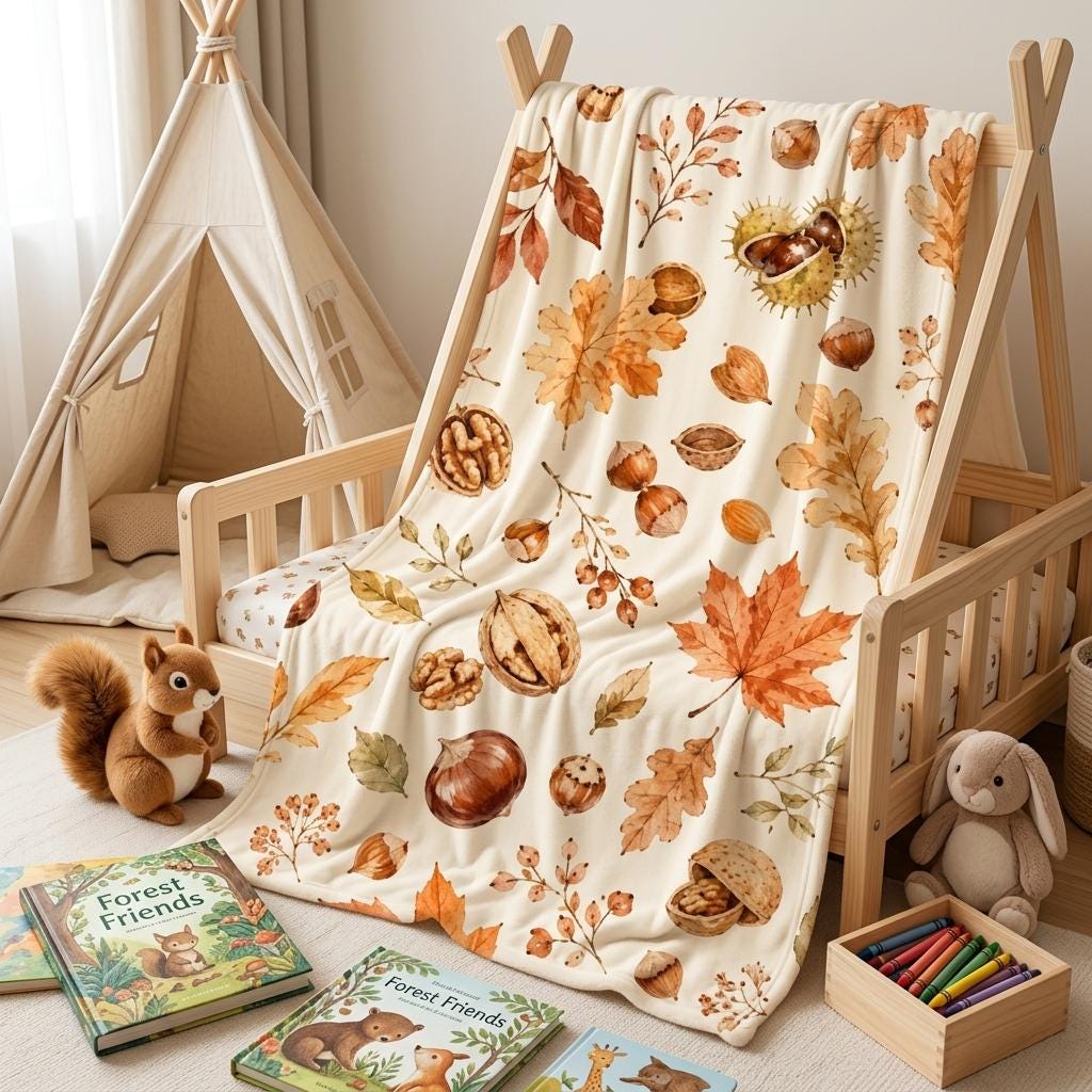 Nature Lover Fall Blanket, Autumn Nut Leaf Throw, Watercolor Harvest Flannel, Cozy Woodland Decor, Gift for Home