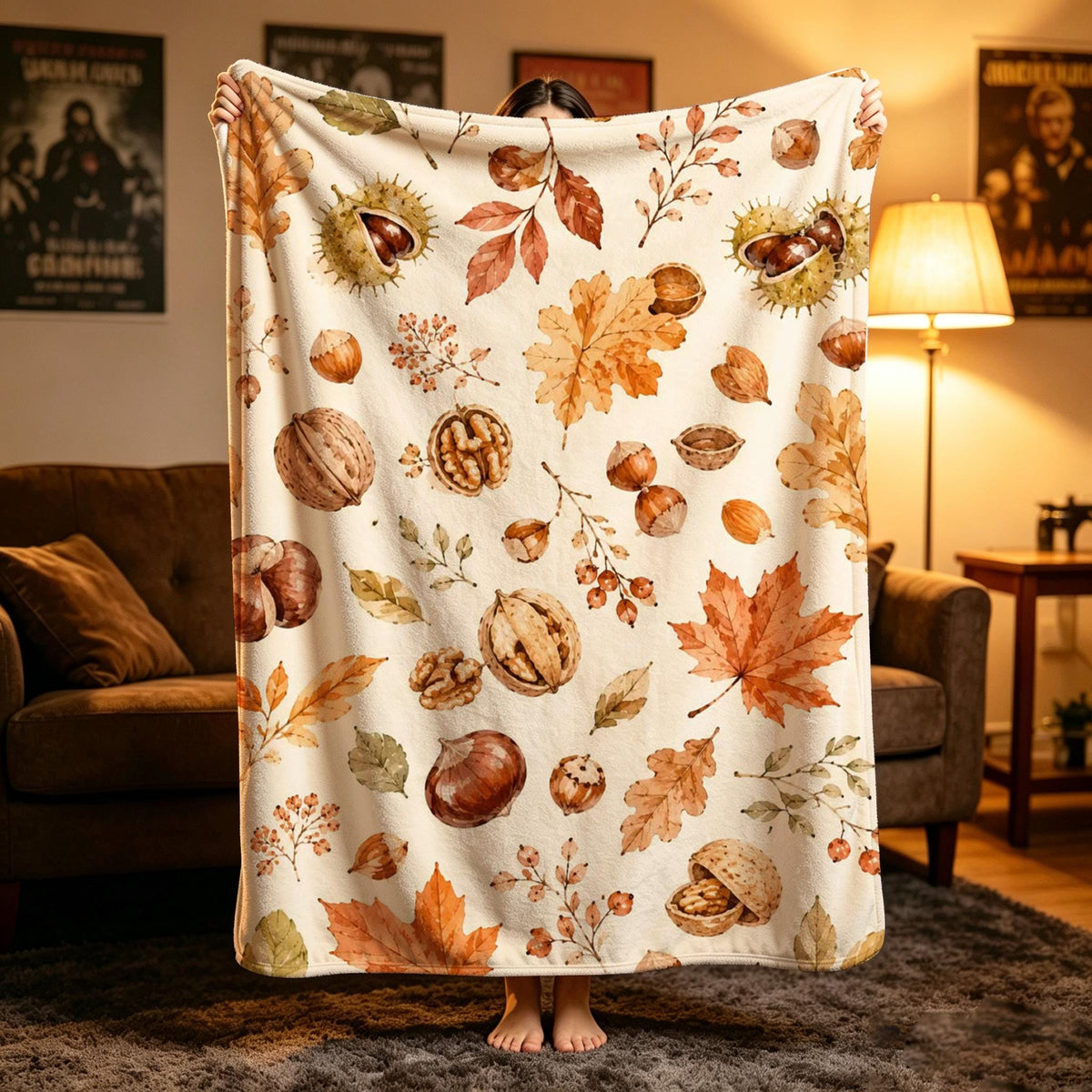 Nature Lover Fall Blanket, Autumn Nut Leaf Throw, Watercolor Harvest Flannel, Cozy Woodland Decor, Gift for Home