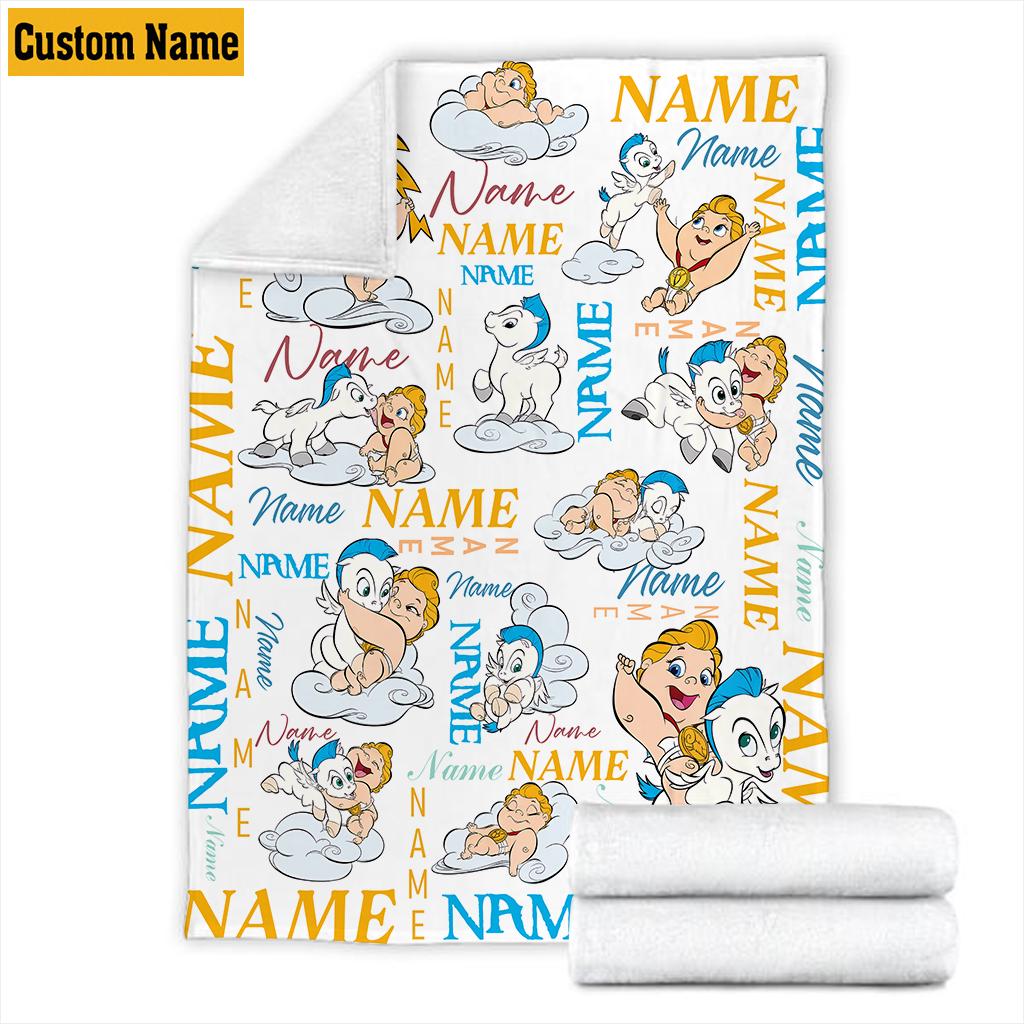 Personalized Baby Hercules Blanket, Custom Name Cute Baby Pegasus Fleece Throw Blanket, Cute Nursery Bedding, Cozy Kids Birthday Gift