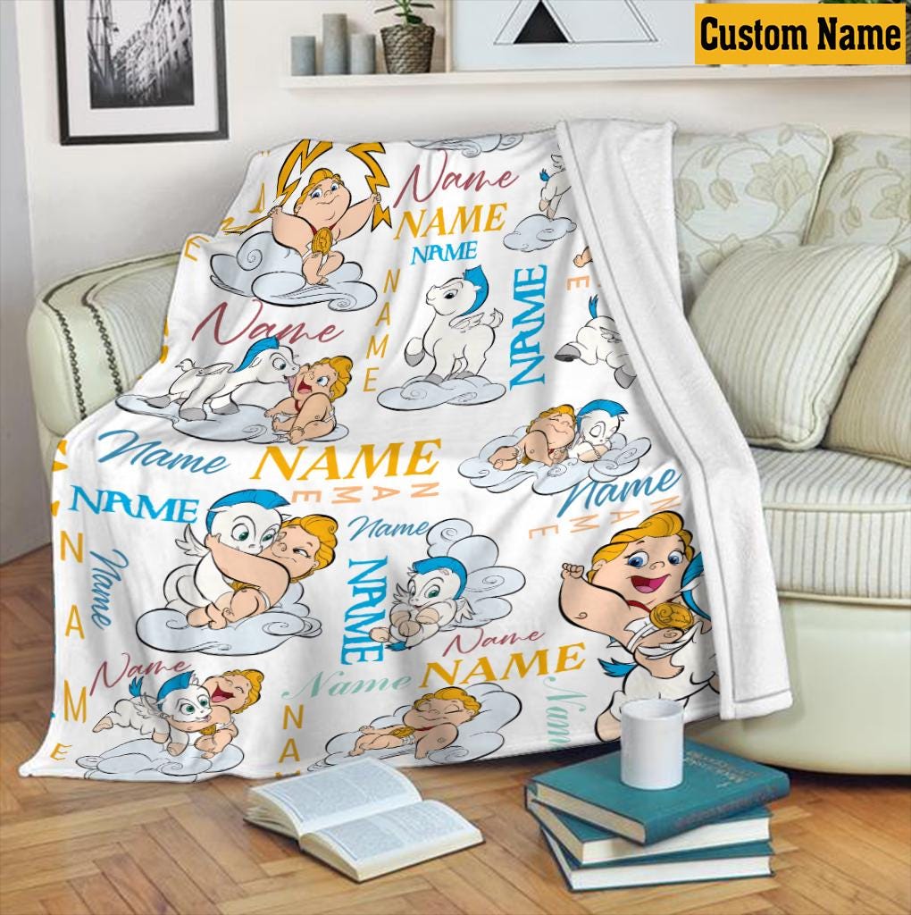 Personalized Baby Hercules Blanket, Custom Name Cute Baby Pegasus Fleece Throw Blanket, Cute Nursery Bedding, Cozy Kids Birthday Gift