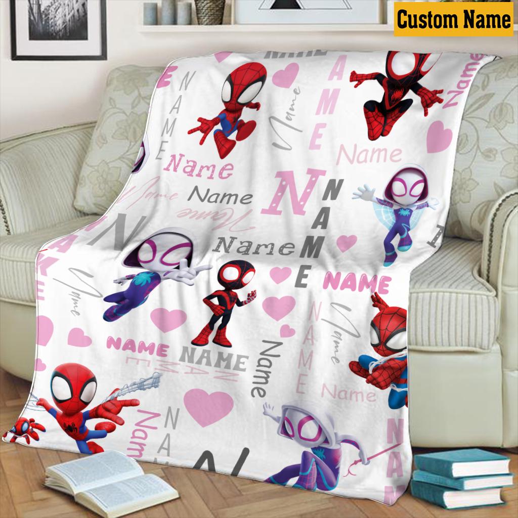 Personalized Spidey and Friends Blanket, Custom Name Cute Spider Fleece Throw, Cute Superhero Girl Room Decor Kids Gift, Birthday Boy