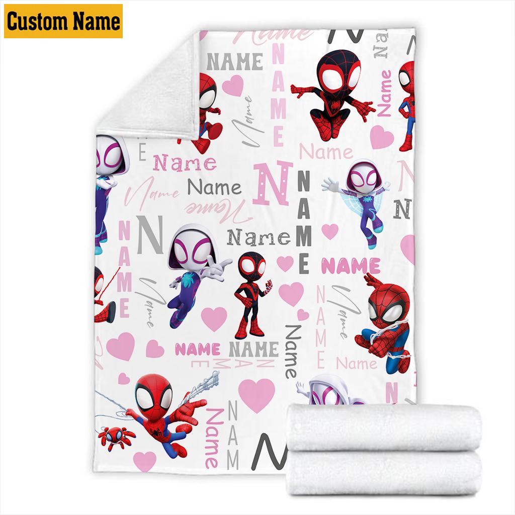 Personalized Spidey and Friends Blanket, Custom Name Cute Spider Fleece Throw, Cute Superhero Girl Room Decor Kids Gift, Birthday Boy