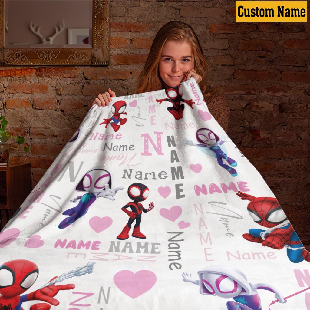 Personalized Spidey and Friends Blanket, Custom Name Cute Spider Fleece Throw, Cute Superhero Girl Room Decor Kids Gift, Birthday Boy