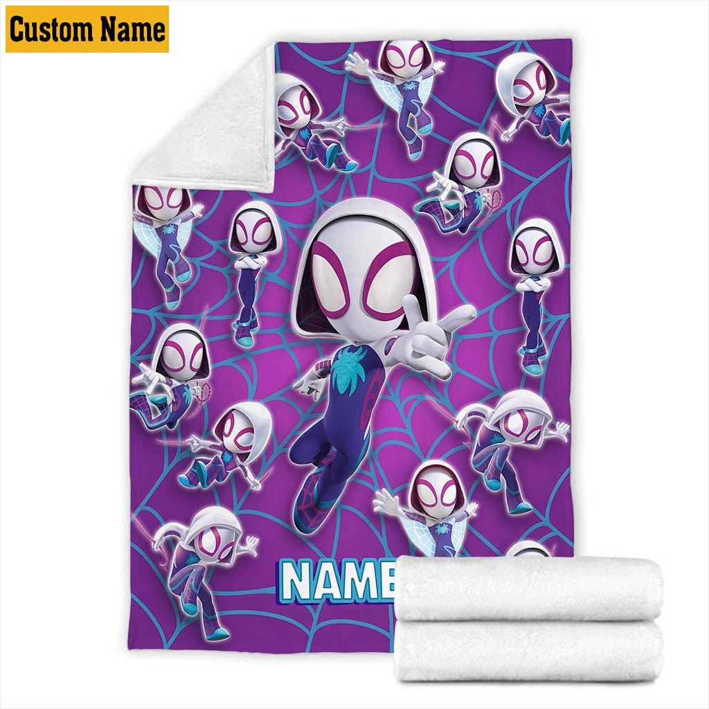Personalized Ghost Spider Blanket, Custom Name Purple Spider Girl Fleece Throw Blanket, Cute Superhero Bedroom Decor, Kids Birthday Gift