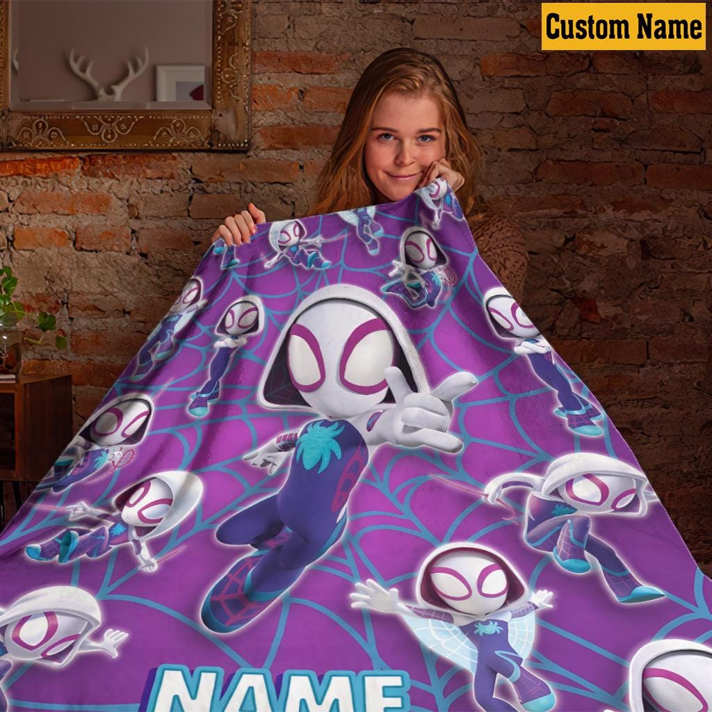 Personalized Ghost Spider Blanket, Custom Name Purple Spider Girl Fleece Throw Blanket, Cute Superhero Bedroom Decor, Kids Birthday Gift