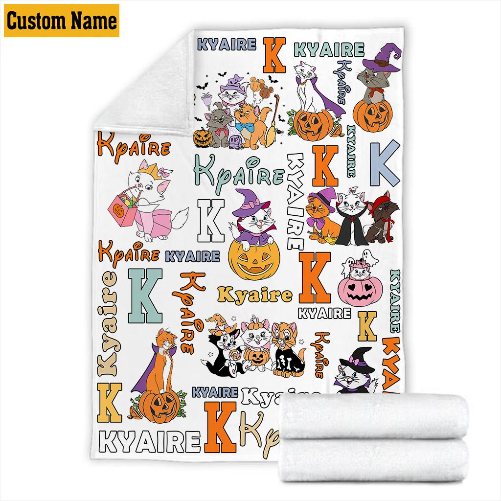 Personalized Aristocats Halloween Blanket, Custom Name Kitten Pumpkin Monogram Fleece Throw Blanket, Cute Spooky Cat Room Decor Kids Gift
