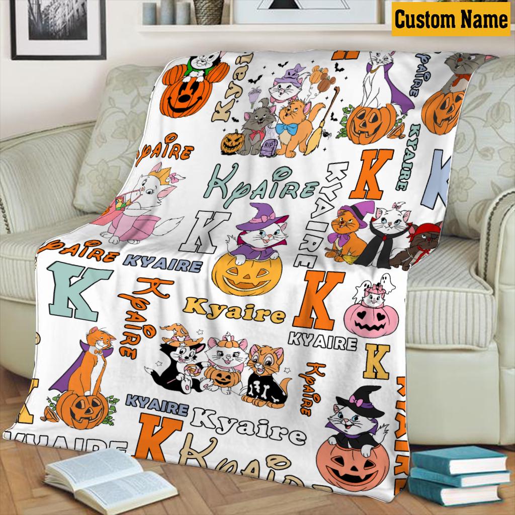 Personalized Aristocats Halloween Blanket, Custom Name Kitten Pumpkin Monogram Fleece Throw Blanket, Cute Spooky Cat Room Decor Kids Gift
