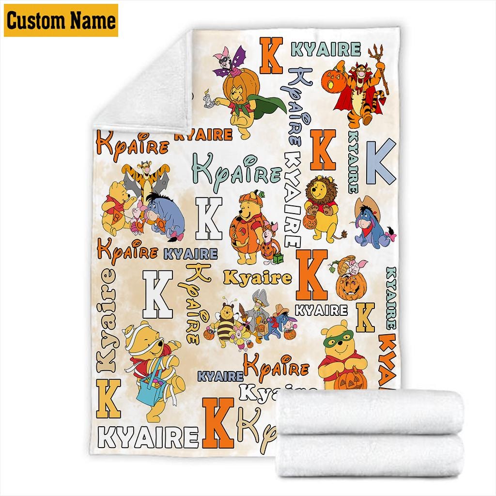 Personalized Winnie The Pooh Halloween Blanket, Custom Name Bear Pumpkin Fleece Throw Blanket, Cute Spooky Nursery Decor Kids Birthday Gift