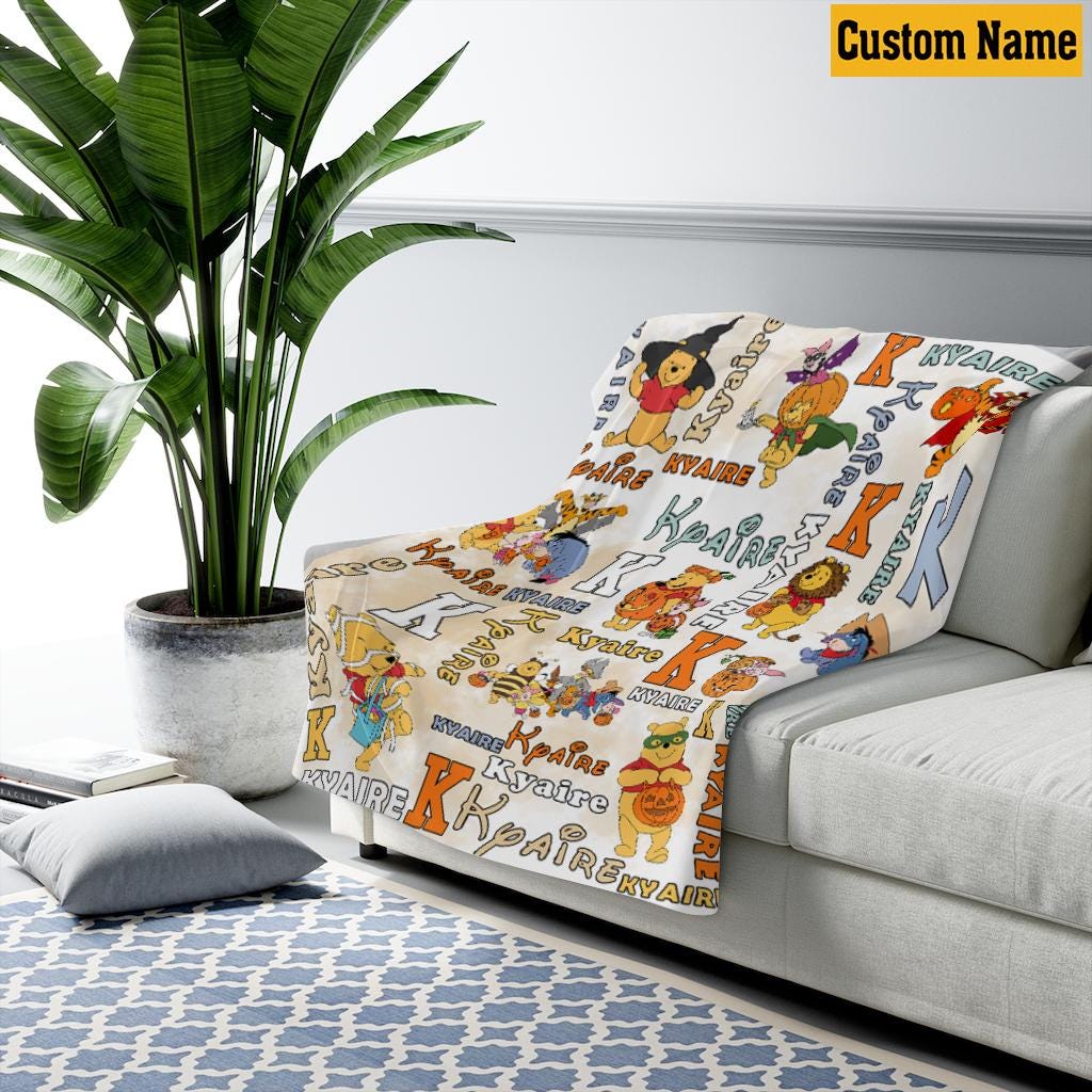 Personalized Winnie The Pooh Halloween Blanket, Custom Name Bear Pumpkin Fleece Throw Blanket, Cute Spooky Nursery Decor Kids Birthday Gift