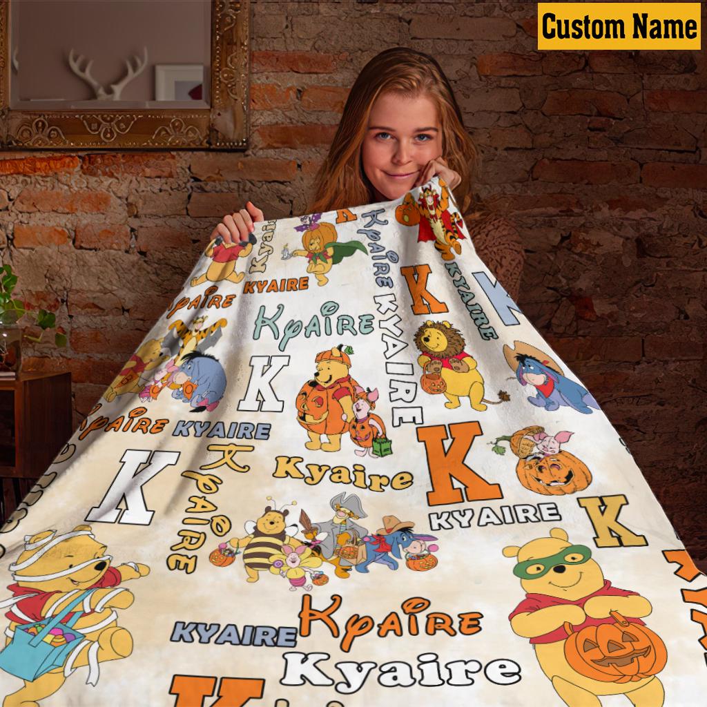 Personalized Winnie The Pooh Halloween Blanket, Custom Name Bear Pumpkin Fleece Throw Blanket, Cute Spooky Nursery Decor Kids Birthday Gift