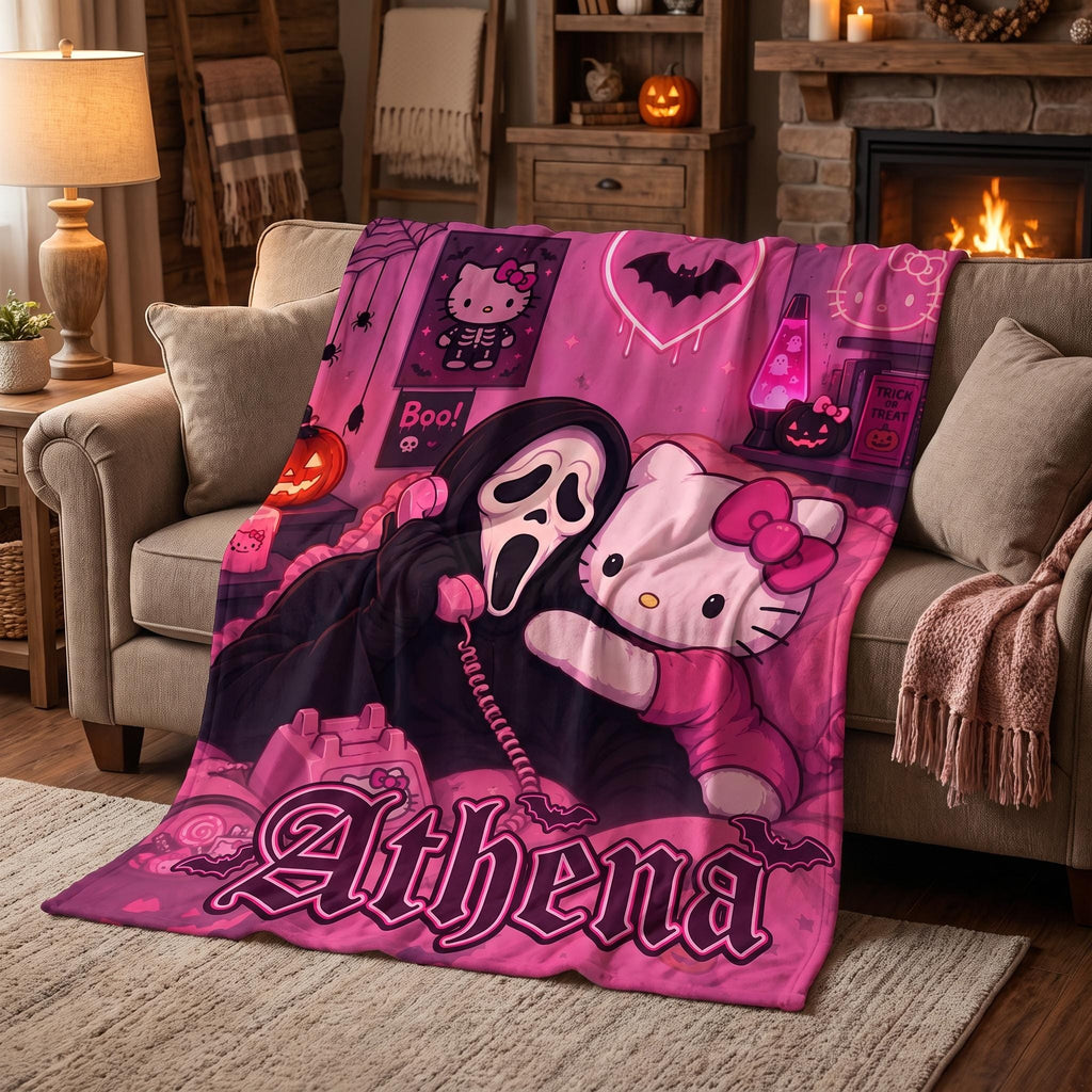 Personalized Pastel Goth Throw Blanket, Custom Spooky Cute Room Decor, Pink Kawaii Halloween Bedding, Retro Horror Cozy Tapestry