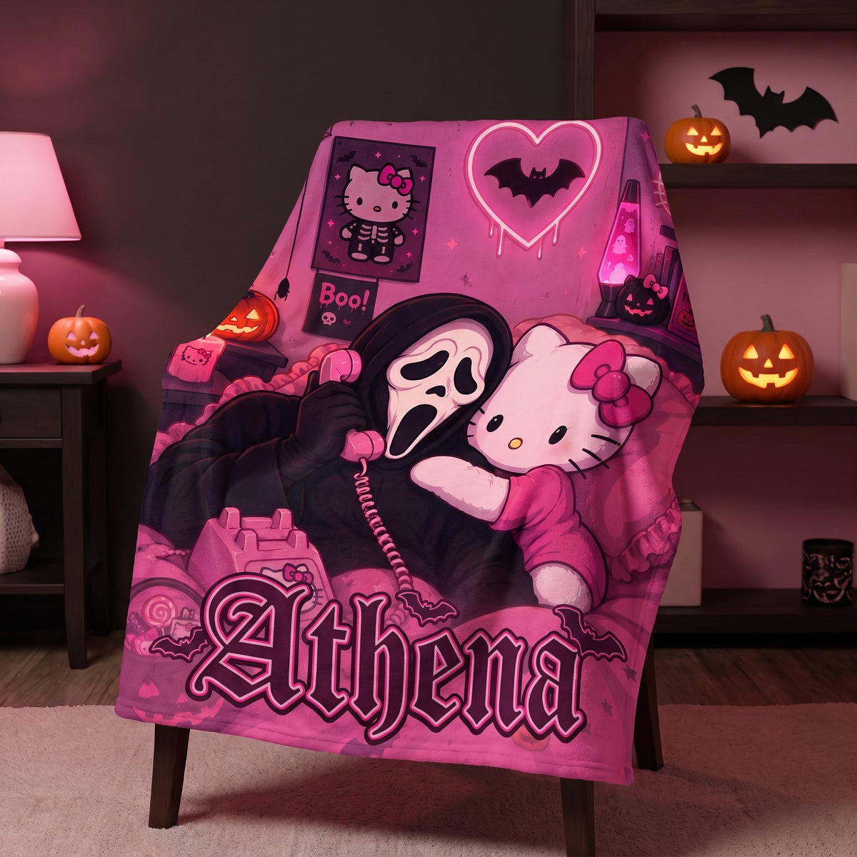 Personalized Pastel Goth Throw Blanket, Custom Spooky Cute Room Decor, Pink Kawaii Halloween Bedding, Retro Horror Cozy Tapestry