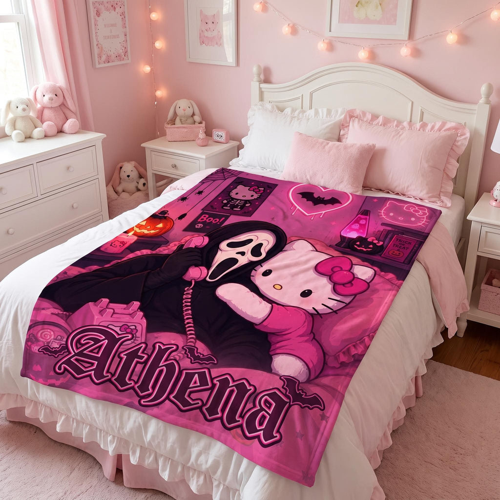 Personalized Pastel Goth Throw Blanket, Custom Spooky Cute Room Decor, Pink Kawaii Halloween Bedding, Retro Horror Cozy Tapestry