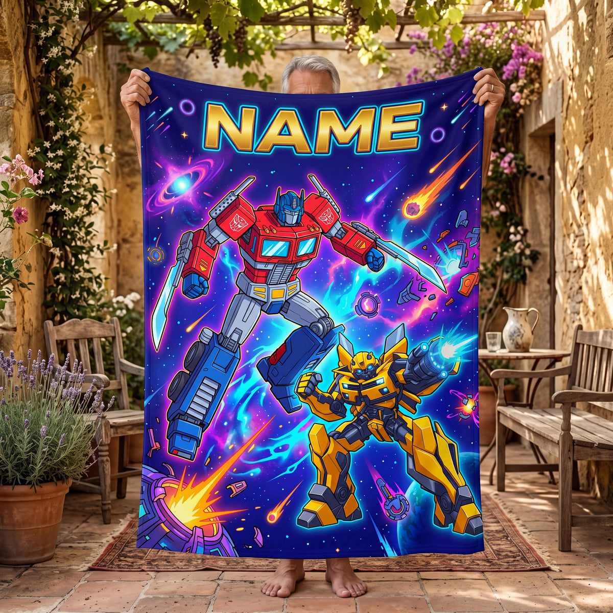 Customizable Transformers Cosmic Battle Blanket, Prime Bumblebee Kids Throw