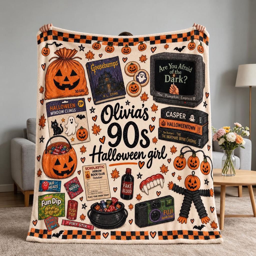 Personalized 90s Halloween Blanket, Retro Halloween Nostalgia Throw, Vintage Spooky Season Blanket, Halloween Movie Night Gift