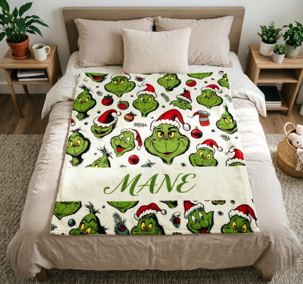 Grinch Blanket Soft Throw Custom Name, Fun Christmas Family Gift