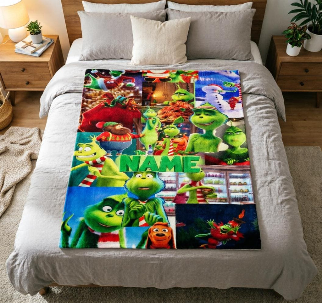 Grinch Blanket Soft Throw Custom Name, Movie Montage Xmas Gift