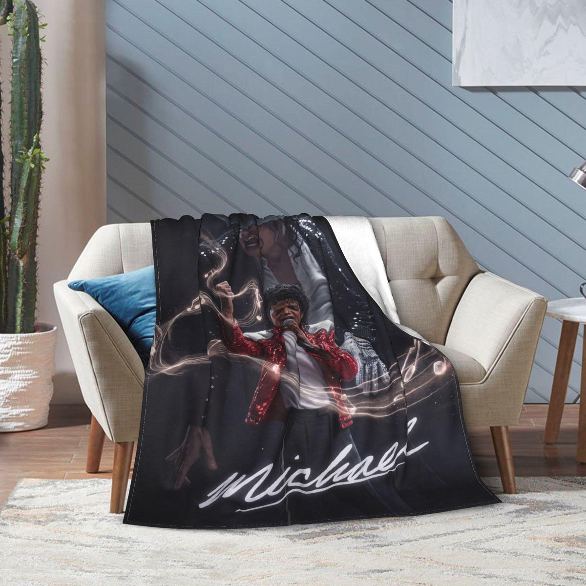 Personalized Red Jacket Pop Legend Flannel Blanket, Custom Retro Music Hero Throw, 80s Thrill Aesthetic Bedding, Gift for Vinyl Fans
