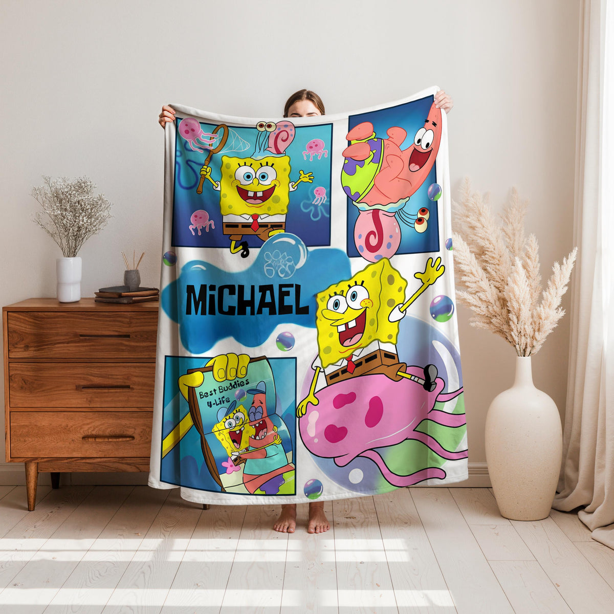 Personalized SpongeBob Blanket, Custom SpongeBob Throw with Name, Yellow Cartoon Blanket, Funny Kids Gift, Cozy Nickelodeon Inspired Blanket