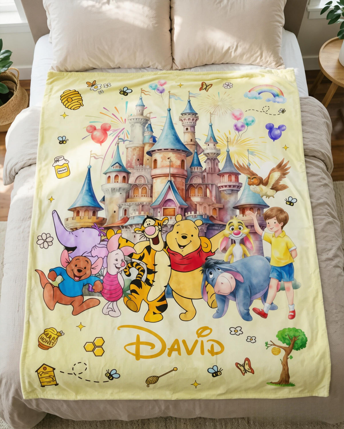 Custom Name Winnie the Pooh Blanket, Hundred Acre Wood Characters, Cozy Flannel Fleece Throw