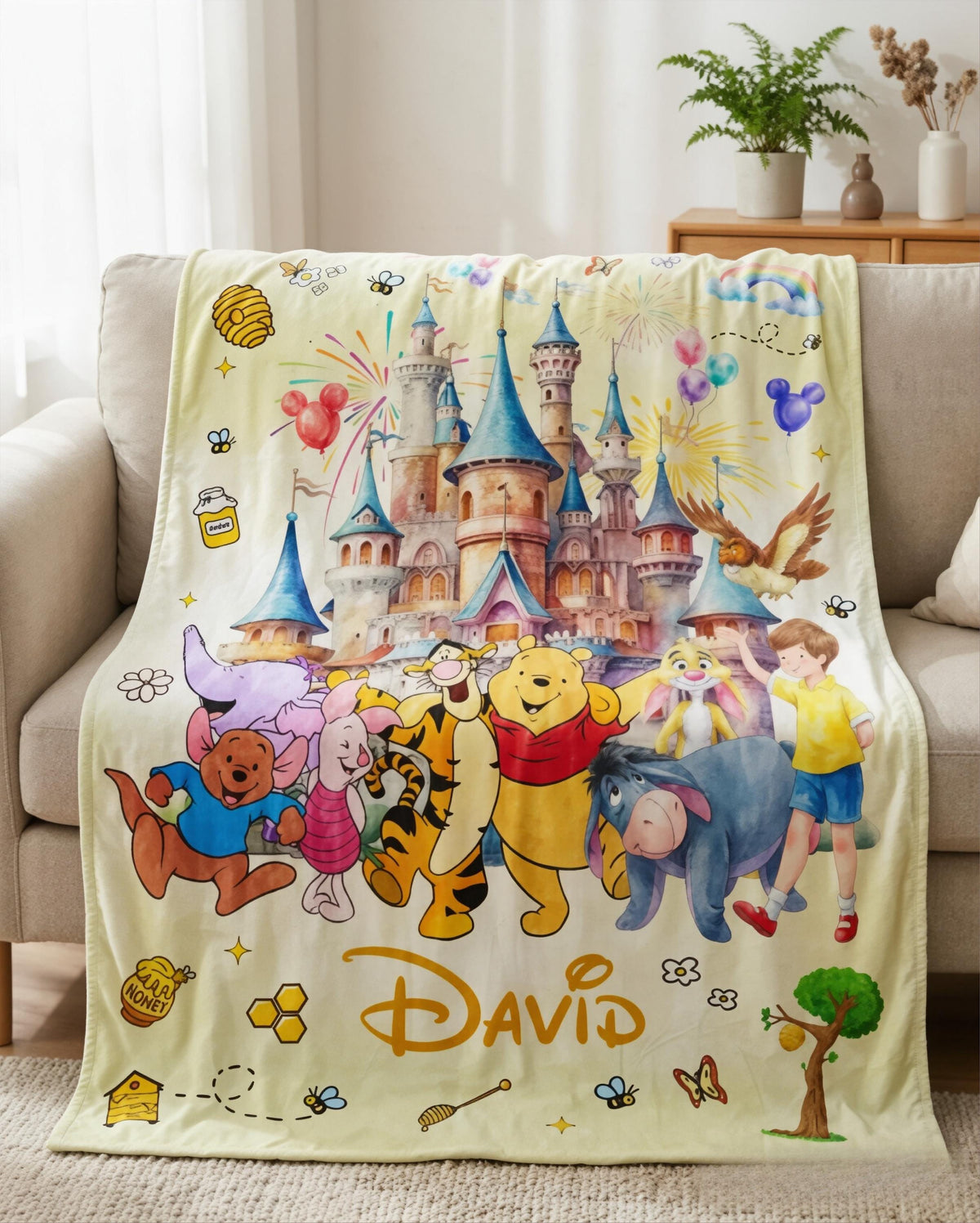 Custom Name Winnie the Pooh Blanket, Hundred Acre Wood Characters, Cozy Flannel Fleece Throw