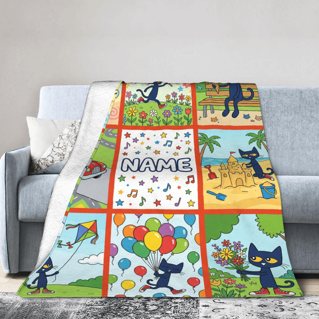 Customizable Pete the Cat Blanket Comic Grid Fun Park Adventures Soft Throw