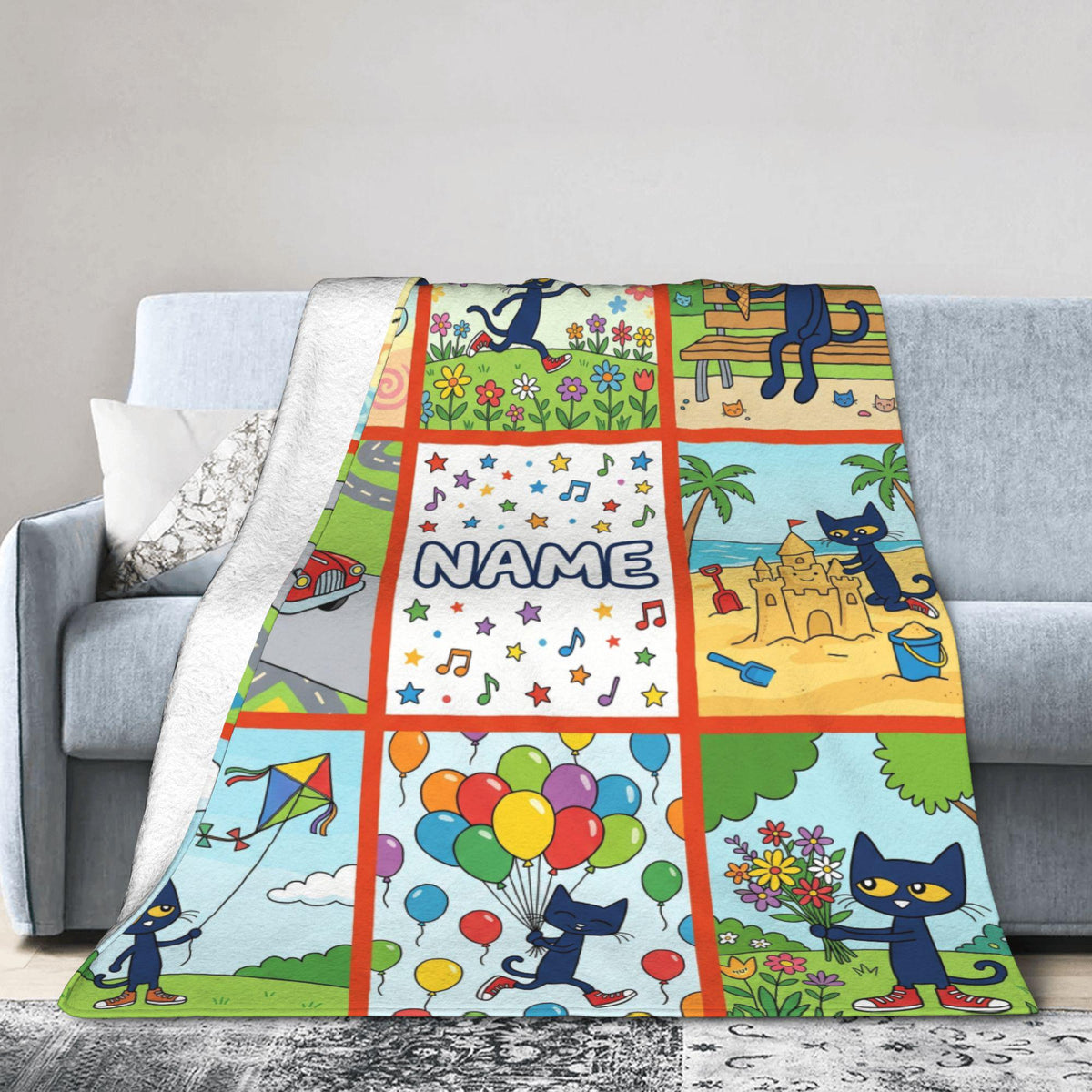 Customizable Pete the Cat Blanket Comic Grid Fun Park Adventures Soft Throw