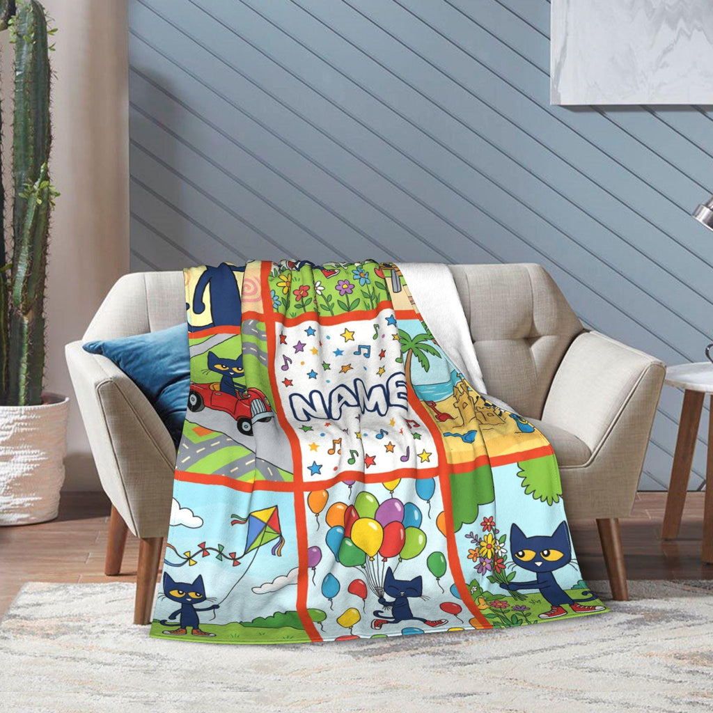 Customizable Pete the Cat Blanket Comic Grid Fun Park Adventures Soft Throw