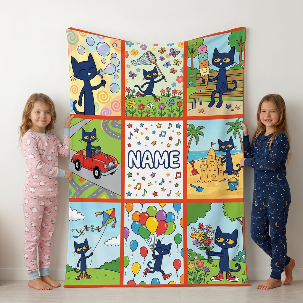 Customizable Pete the Cat Blanket Comic Grid Fun Park Adventures Soft Throw