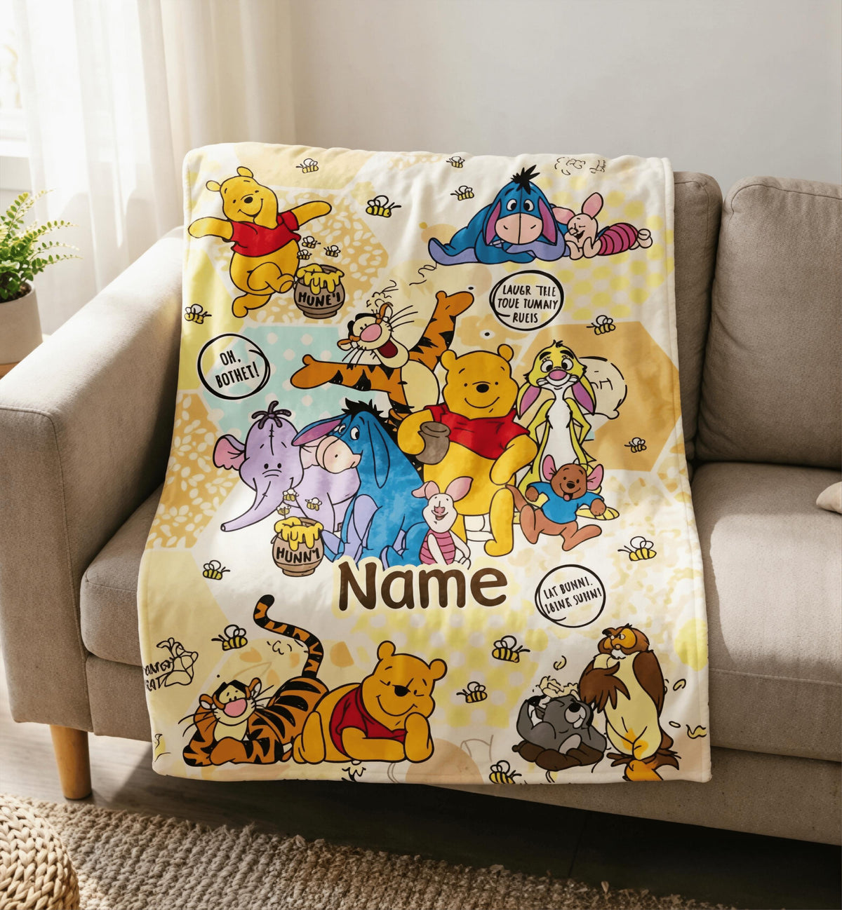 Custom Name Winnie the Pooh Blanket, Hundred Acre Wood Characters, Cozy Flannel Fleece Throw