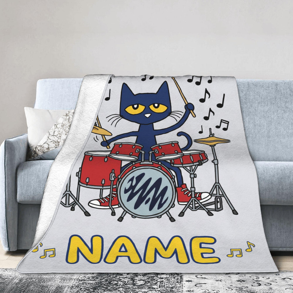 Personalized Pete the Cat Rock Drummer Blanket Custom Name Music Room Bedding