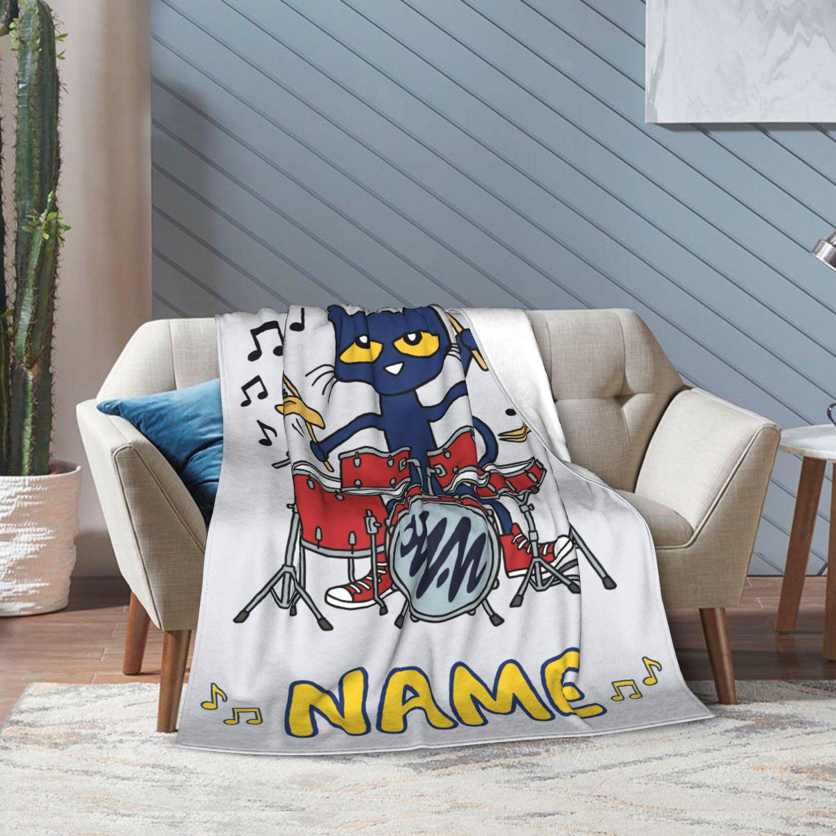 Personalized Pete the Cat Rock Drummer Blanket Custom Name Music Room Bedding