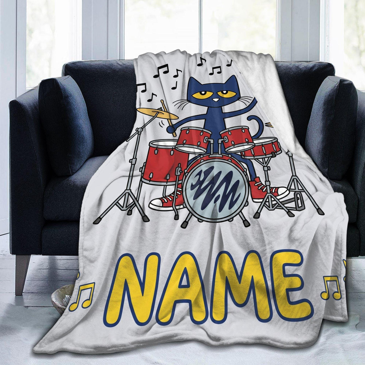 Personalized Pete the Cat Rock Drummer Blanket Custom Name Music Room Bedding